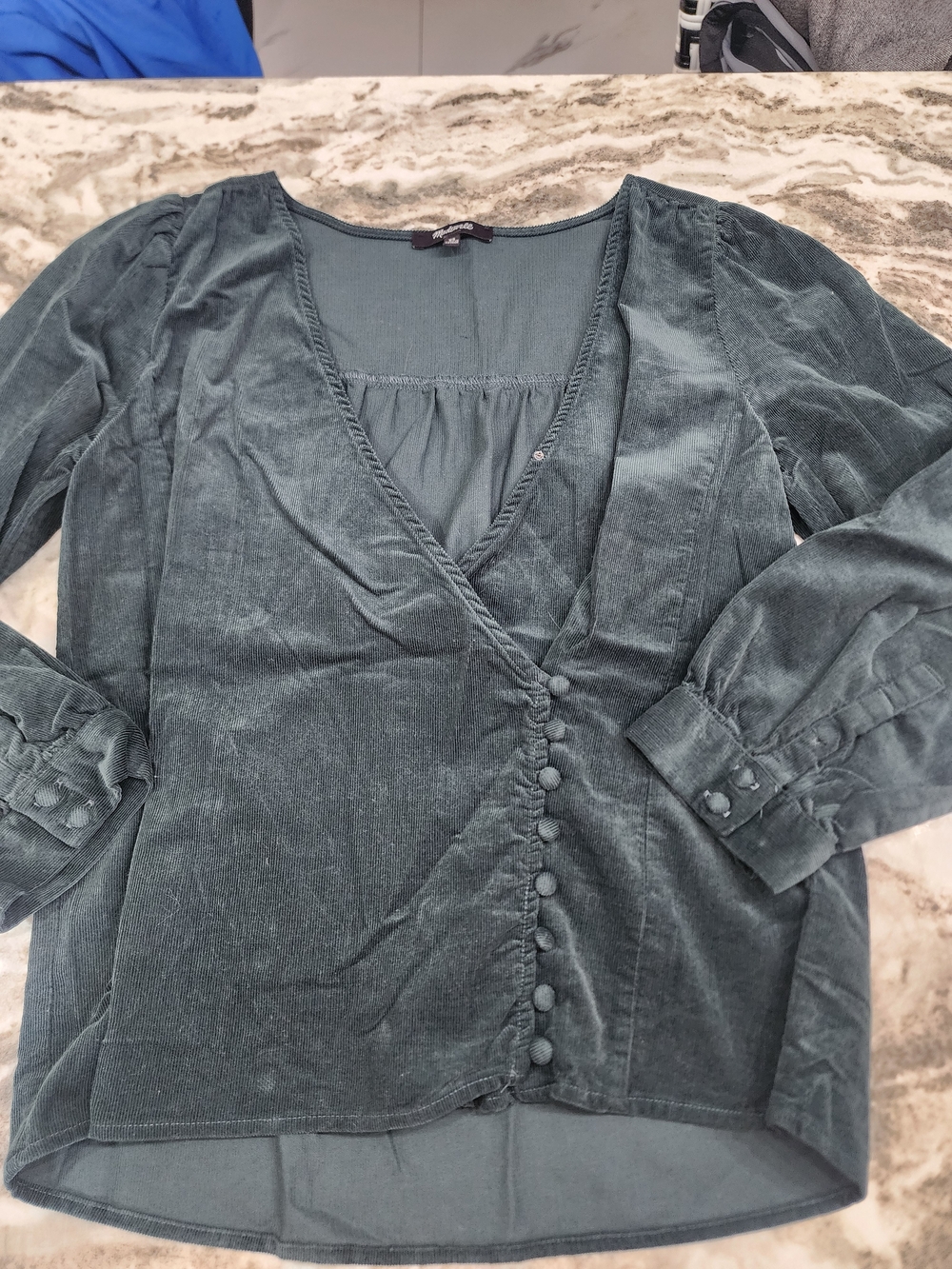 Madewell Teal Velvet Wrap-Style Button Blouse
